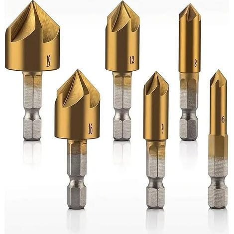Kindfiber OÜ-Lot de 6 forets coniques à tige hexagonale 5 cannelures à 82 degrés avec revêtement en titane pour perçage du bois 6/8/9/12/16/19 mm (1/5)