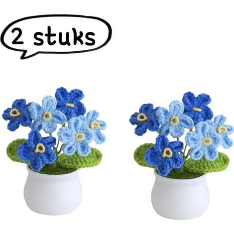 Adorno de 2 piezas, Planta en maceta tejida a mano, Ramo de ganchillo/flores artificiales, Nomeolvides, Degradado de color azul (1/5)