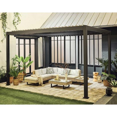 Bestmobilier – Pergola bioclimatique aluminium 4x3m – Lames orientables 85° – Système d'évacuation intégré – Gris anthracite