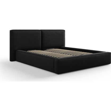 Lit coffre + tête de lit double 160x200 en tissu structurel noir (1/4)