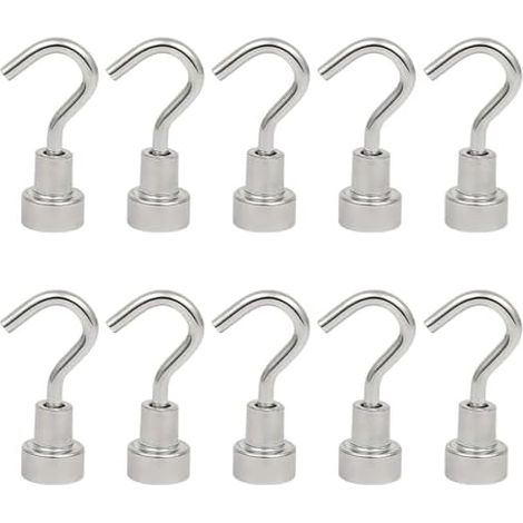 10 Pièces Crochets Magnétiques, 12mm Crochet Magnétique Argenté, Puissants Aimants Néodyme, Petit pour Frigo Cuisines de Bureau - (1/5)