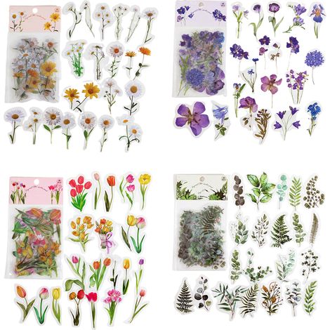 Sticker Fleur - Autocollant Plante Naturelle en PET Transparent Imperméable - Pour Scrapbooking DIY Décoration Carnet Ordinateur - Lot de 4 (160 Feuilles) (1/5)