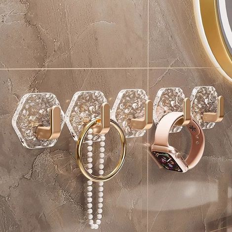 Lot de 5 crochets adhésifs transparents sans perçage – Porte-manteaux pour salle de bain et entrée (Doré) (1/2)