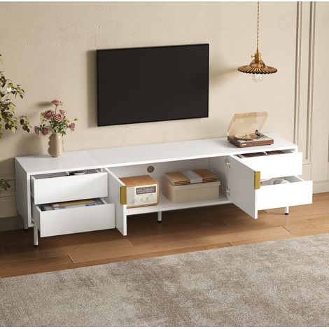 Meuble TV bas blanc 180 cm avec 4 tiroirs, portes rainurées, pieds métal, OKWISH (1/5)