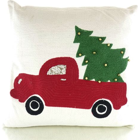 Weihnachtskissen Wollweiß mit rotem PickUp & Tannenbaum 45 x 45 cm - Baumwolle (1/3)