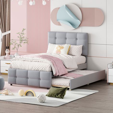 Lit simple rembourré 90x200 cm, lit gigogne pour enfant, avec tête de lit réglable, revêtement en lin doux pour la peau, lit simple plat pour enfants et adolescents – Gris (1/5)
