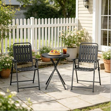 Set da giardino 3 pezzi 60x10x8 cm, pieghevole, compatto, tavolo in vetro temperato, metallo e polipropilene nero (1/5)