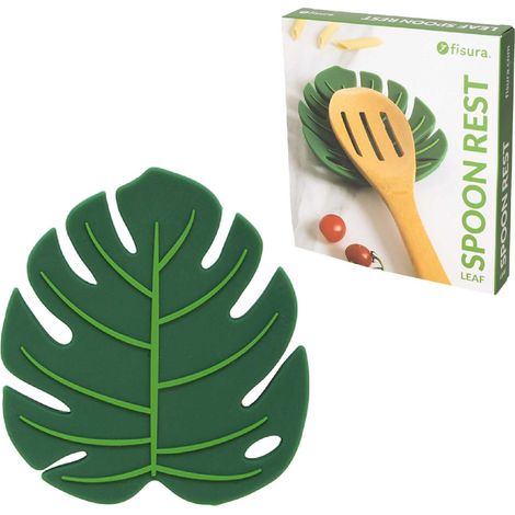Repose-cuillère en forme de feuille de monstera deliciosa. Repose-cuillère support en silicone. Porte-cuillère pour plan de travail de Cuisine vert. 11,5 x 11,5 centimètres. (1/5)