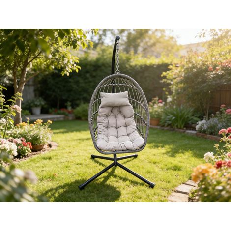 Fimous Indoor Outdoor Patio Rattan Single Egg Hanging Chair Garden With Grey Thick Cushion