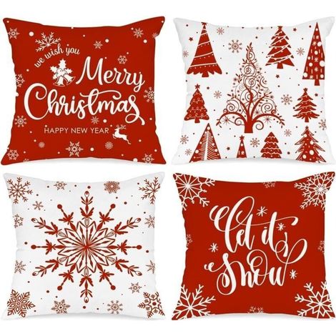 Lot de 4 housses de coussin Père Noël 45 x 45 cm, motif flocons de neige et joyeux Noël, idéales pour décorer votre lit, votre canapé ou votre salon (rouge) (1/5)