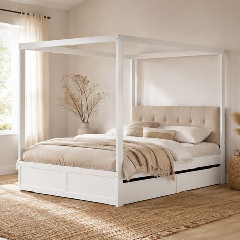 Cama casita infantil 140x200 cm, 2 cajones, blanca, estructura de madera, sin colchón FloraGrace (1/5)
