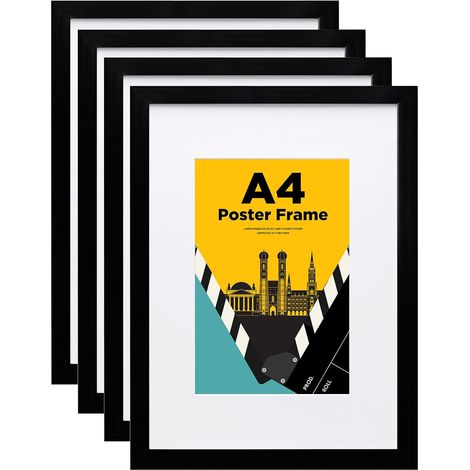 Cadres Photo 21x30cm (A4) Noir Lot de 4, En bois composite robuste avec verre véritable - Horizontal ou Vertical pour accrocher au mur ou décorer une table (1/5)