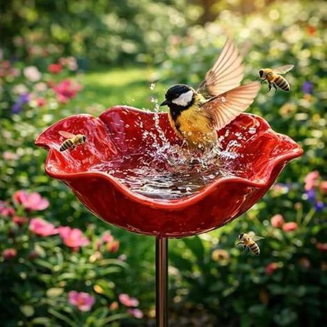 Bleosan – Bain d'oiseaux décoratif en métal – Motif fleurs – Bol coloré en forme d'abeille et papillon – 60 × 15 cm pour jardin et patio