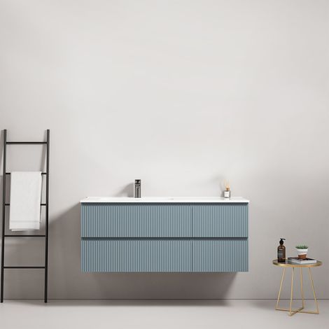 Mobile bagno sospeso cannettato 120 cm Blu Avio Lavabo a Sinistra in Ceramica Senza Specchio - Fiji Paint (1/4)