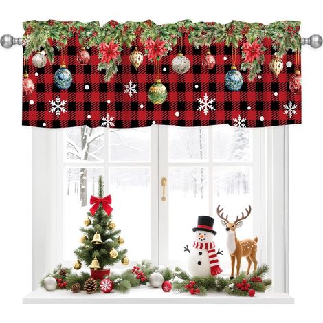 Rideau Haut - Motif Flocon De Neige Arbre De Noël Boule - Rouge Noir Carreaux - Poche Pour Tringle - 54 x 18 Pouces - 1 Pièce (1/5)