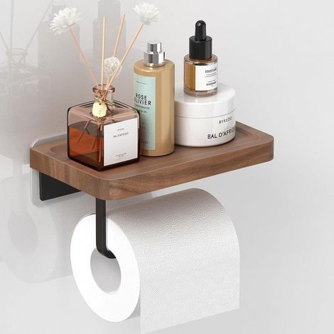 Porte Papier Toilette 20cm, Support Papier Toilette en Noyer De Haute Qualité, Porte Papier Toilette Mural en Bois Massif De Style Européen Raffiné, Porte Rouleau Papier Toilette Autocollant (1/5)