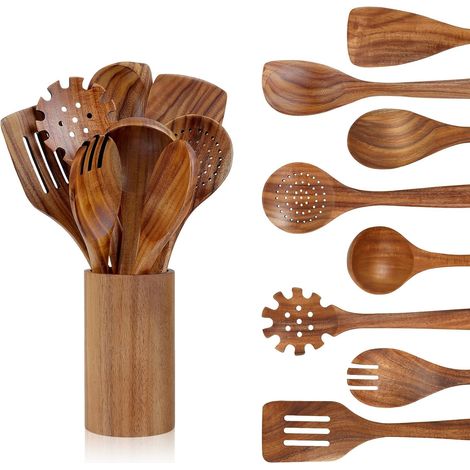 Ustensiles de Cuisine Bois, Set de 9 Cuillère en Bois pour la Cuisson avec Support et Louche, Résistance à la Chaleur Convient pour Poêles Antiadhésives (1/5)
