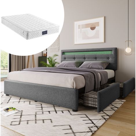 Lit double 140/200 cm gris en lin avec LED, 4 tiroirs, tête réglable et matelas inclus (1/5)