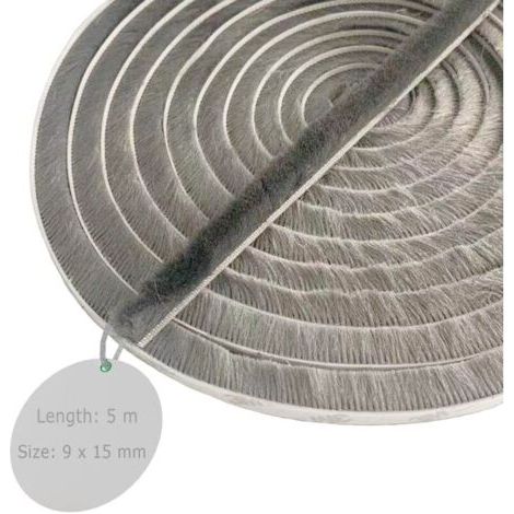 Joint Brosse Porte, 5 M(L) x 9 mm(B) x 15 mm(D), Gris, Joint Fenetrepour Lsolation Phonique Porte, Joint Brosse Adhesif, Joint Brosse Porte Coulissante, Joint Brosse Moustiquaire (1/4)
