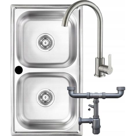 Doppelspülbecken 78x43 cm, Edelstahl, mit Armatur und Siphon
