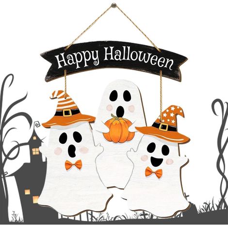 Panneau de porte « Joyeux Halloween » – Décoration en bois en forme de petit fantôme, porche, fenêtre, maison (1/5)