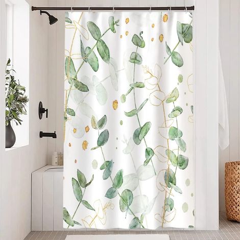 1 Rideau Douche, Tissu Polyester, Imperméable Anti Moisissure, Feuilles Eucalyptus Vert Doré, Salle De Bain, 8 Crochets