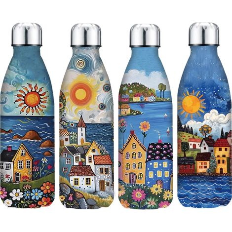 Set de 4 botellas térmicas de acero con casitas naif 26,5 cm (1/5)