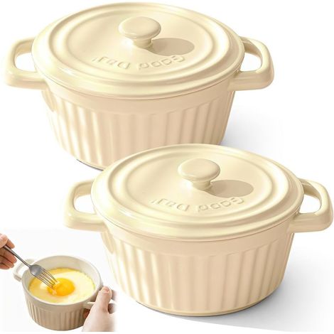 Lot de 2 mini cocottes avec couvercle, en porcelaine, avec poignées, petits ramequins à gratin en céramique, pour lasagnes, soufflé, four, micro-ondes et lave-vaisselle (beige-S-2 pièces) (1/5)