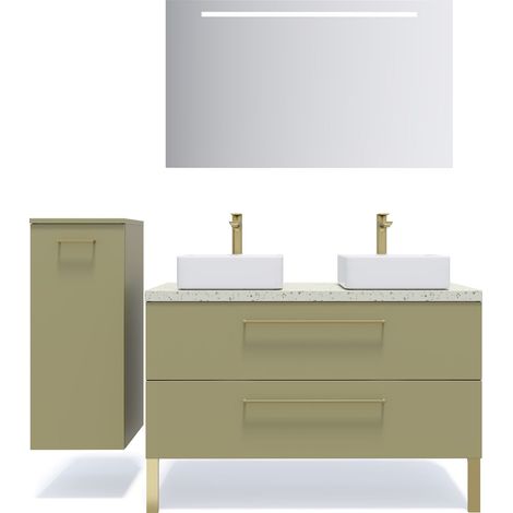 Meuble de salle de bain suspendu 2 vasques à poser 120cm 2 tiroirs Vert olive + miroir + colonne ouverture gauche - Glasgow (1/5)