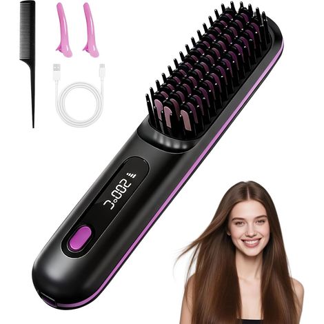 Brosse Chauffante Sans Fil Portable Mini Lisseur Cheveux Court Barbe  avec 3 Températures affichage LCD Peigne Lissant Céramique Anti-Brûlure pour Voyage Retouches Rapides Femme All Hair Type (1/5)
