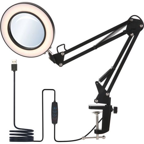Ulisem Lampe de bureau LED à intensité variable avec 3 modes de couleur et 10 niveaux de luminosité, Lampe de Table flexible à pince avec miroir grossissant 8x, Lampe bureau à bras rotatif, Noir, Conv