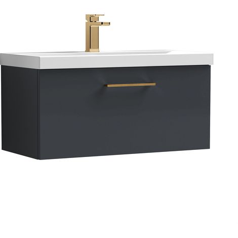 Balterley 800mm Wall Hung Bathroom 1 Drawer Vanity Unit and 1 Tap Hole Ceramic Basin, Satin Dark Grey with Brushed Bronze Handle (1/5)