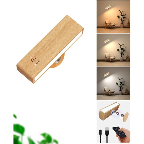 Applique murale LED rechargeable en bois, alimentée par piles et télécommande, sans fil, 3 températures de couleur, pour chambre, salon et chevet. (1/5)