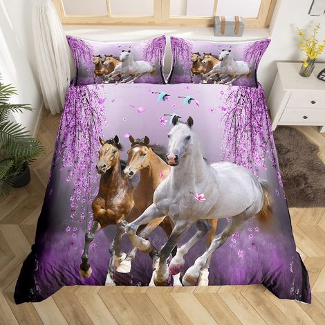 Parure de lit pour cheval pour fille 135 x 200 cm Motif chevaux Violet lavande Parure de lit pour adolescent au galop Housse de couette Motif animal Collection (1/5)