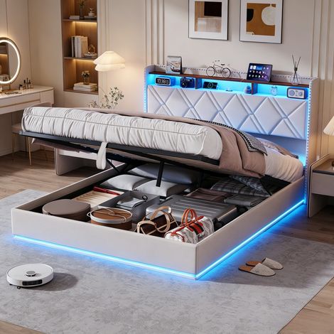 Lit double 160x200cm avec lumière LED, lit coffre avec port USB, lit capitonné avec espace de rangement, rangement dans la tête de lit, grande capacité,sommier à lattes, lit adulte,Lin, Beige (1/5)