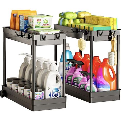Lot de 2 Rangement sous Évier - 2 niveaux organisateur sous evier cuisine - Rangement Et Organisation De Cuisine, Noir (1/5)