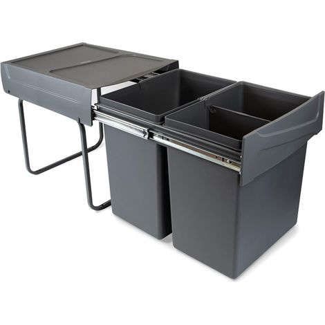 Poubelles avec Fixation inférieure pour la Cuisine, 2 poubelles de Recyclage Amovibles de 20 L, capacité Totale 40 L (2 x 20 L), Acier et Plastique, Gris Anthracite. (1/5)
