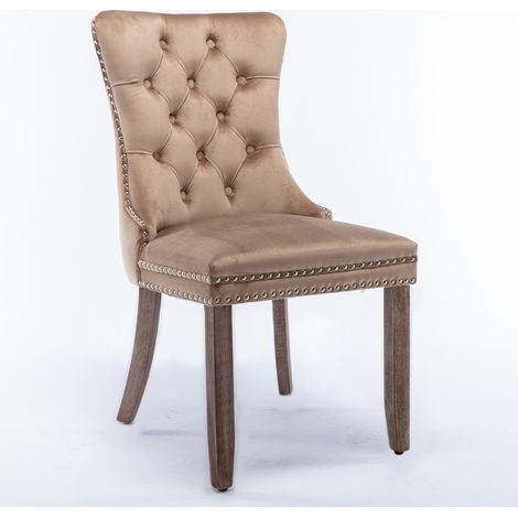 Chaise de salle à manger capitonnée en velours kaki avec cadre en bois massif - Lot de 2 (1/5)