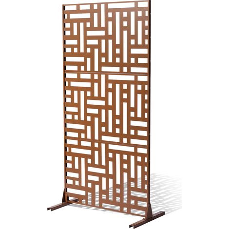 VEVOR Metal Privacy Screen, 47" W x 76" H, Outdoor Privacy Screens 3-Panel, Freestanding Outdoor Divider with Stand, Decorative Garden Steel Privacy Fence for Balcony Patio Indoor Room Hot Tub Brown