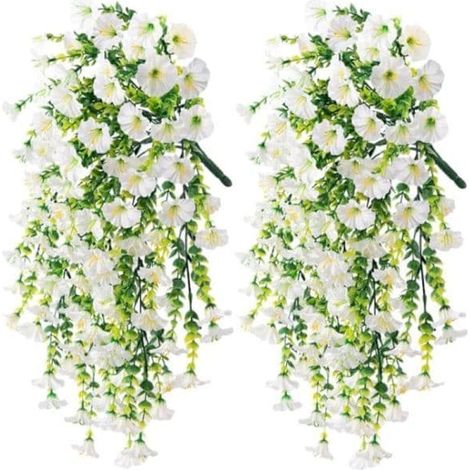 Lot de 2 fleurs artificielles suspendues, liserons blancs résistants aux UV, 75 cm (1/5)