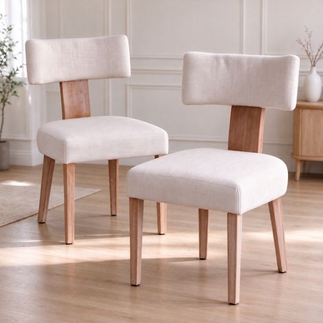 Wahson Lot de 2 chaises en lin beige – Pieds en bois massif – Design rétro – Confort optimal avec dossier incurvé – Pour salle à manger et salon