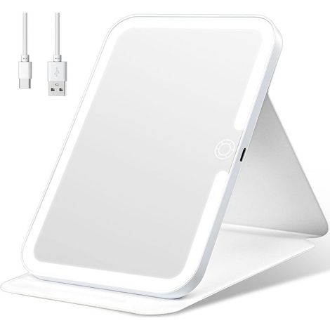 Miroir de maquillage LED pliable, miroir de voyage portable, 26 lumières douces, rechargeable par USB, design fin et élégant pour table ou sac.