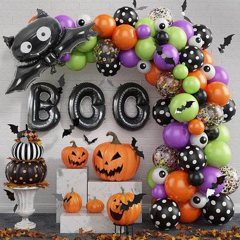 Kit d'arche de ballons d'Halloween avec confettis et ballons chauve-souris en aluminium pour la décoration de fêtes d'enfants, orange, violet, vert, noir (1/5)