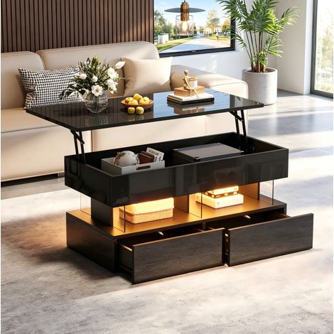 Tavolino da caffè con piano sollevabile, dimensioni 100x50x46 cm, con vano portaoggetti nascosto, 2 cassetti, illuminazione a LED e porta USB, piano in MDF nero lucido (1/5)