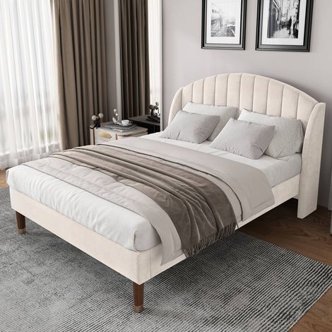 Lit 140x190 cm velours beige tête de lit lattes bois simple (1/5)