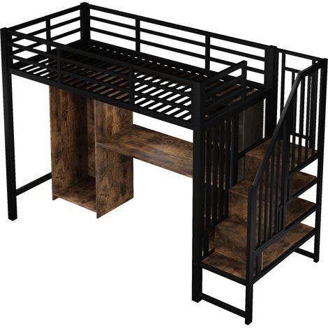 Cama alta 90 x 200 cm de metal y MDF negro con escritorio, armario y almacenaje (1/5)