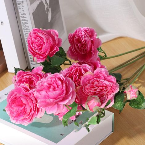 [Arbre de Pivoine Artificial] DecoStyle 3 Fleurs Branche Simulée Pivoine Luxe Rose Rouge pour Mariage Salon Decorations (1/5)