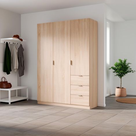 Armadio Guardaroba Vestiti 3 Ante Battenti 4 Ripiani E 3 Cassetti Con Barra Appendiabiti Salvaspazio Per Camera Da Letto Stanza Matrimoniale Design Moderno 200 x 52 x 135 Cm Colore Rovere Canadese - C (1/5)