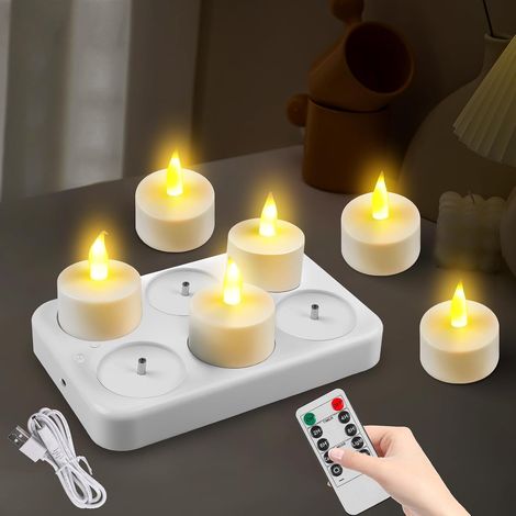 Lot de 6 bougies chauffe-plat LED avec minuterie, bougies LED rechargeables avec fonction de minuterie pour l'extérieur, bougies flamme vacillante pour décoration d'Halloween, décoration de (1/5)