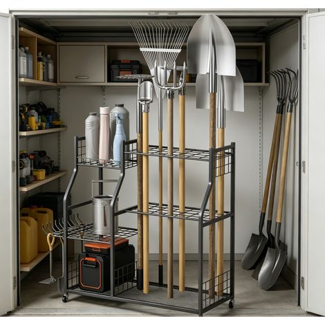WILITTO  Support de Rangement pour Outils de Jardin en Acier - Mobile avec Roues Verrouillables, Structure Robuste, Multicompartiments, pour Bêche, Râteau, Pelle